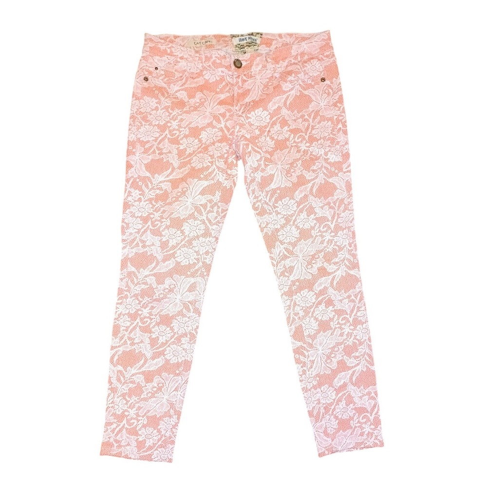 Hot Kiss Cat Capri Pants Womens 11 Coral Pink White Floral Lace Print‎ Slim Crop